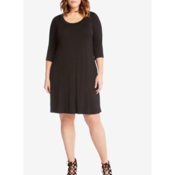 Karen Kane Plus 1X A-Line Dress Solid Black- Minimalist Neutral Essential Staple - Picture 1 of 9